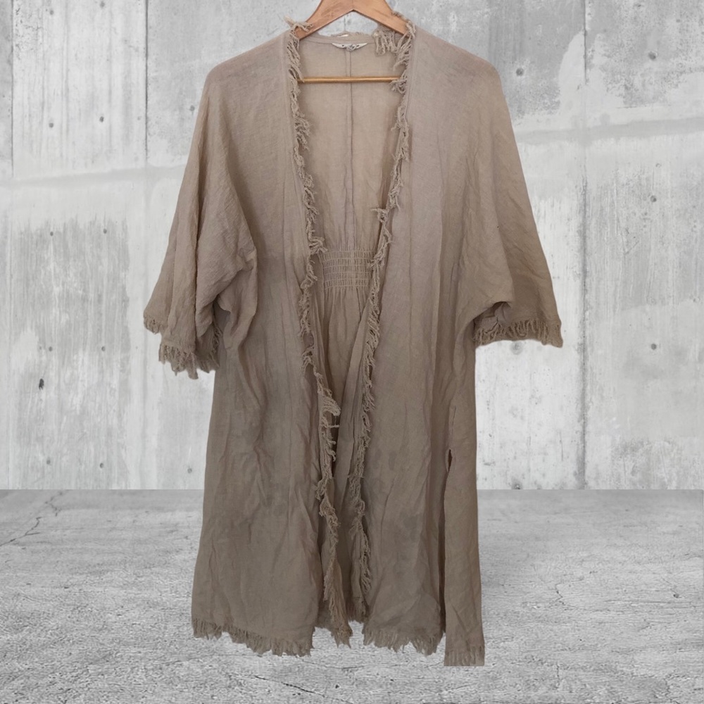 Krazy Kat Womens Size XXL Beige Coverup Kimono Robe Fringe Detail Linen Blend